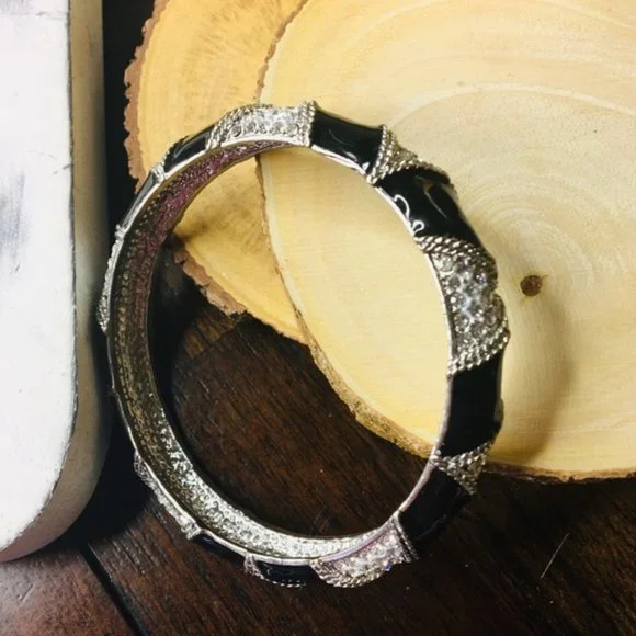 Rhinestone Bangle Bracelet Black w/ Rhinestone Silver - Picture 4 of 5